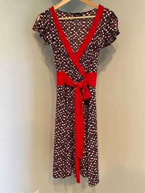 Ruby Rox Black Polka Dot Midi Dress with Red Trim and Waist Tie